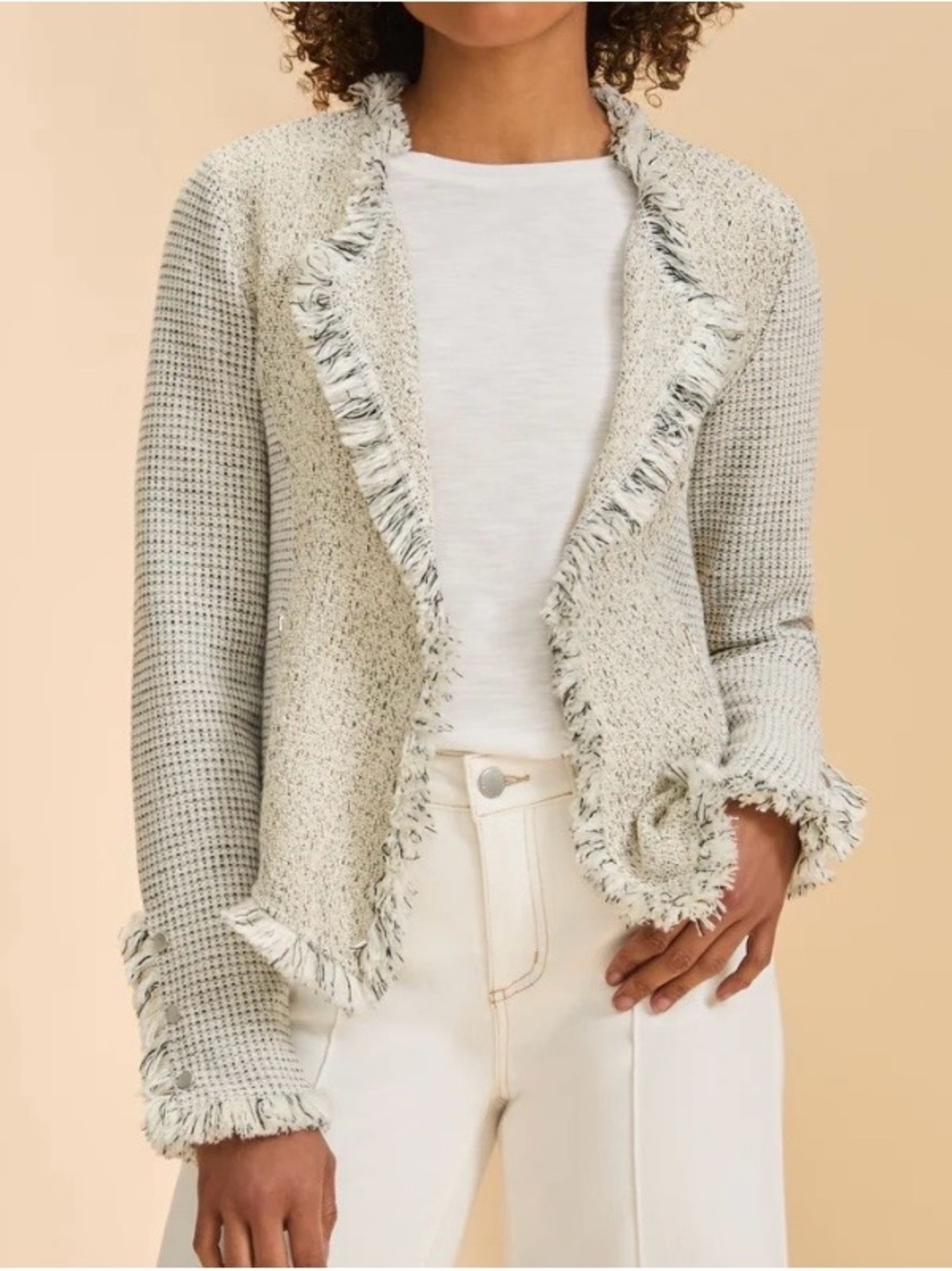 New Textured Fringe Open-Front Blazer Jacket - Cream